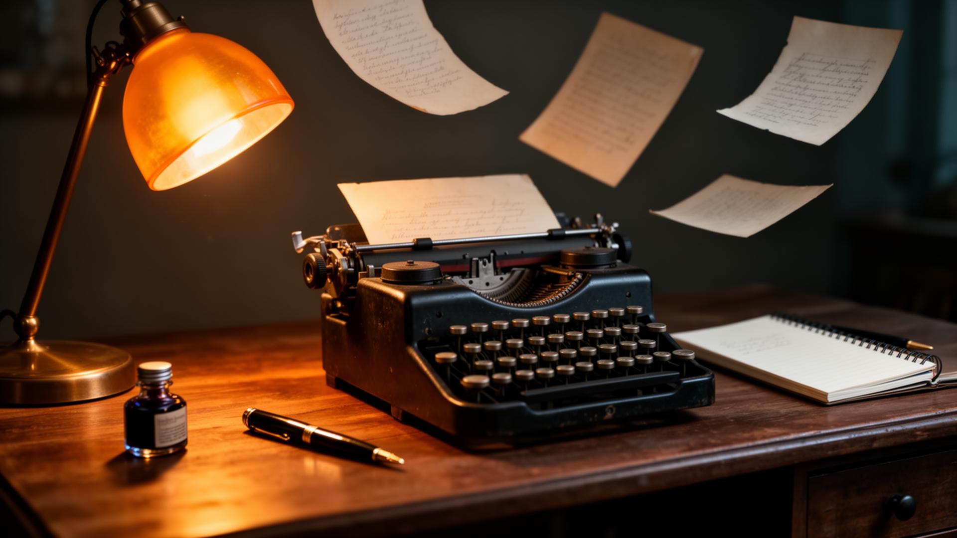 Vintage typewriter, ink pen and notepad representing a content writing framework