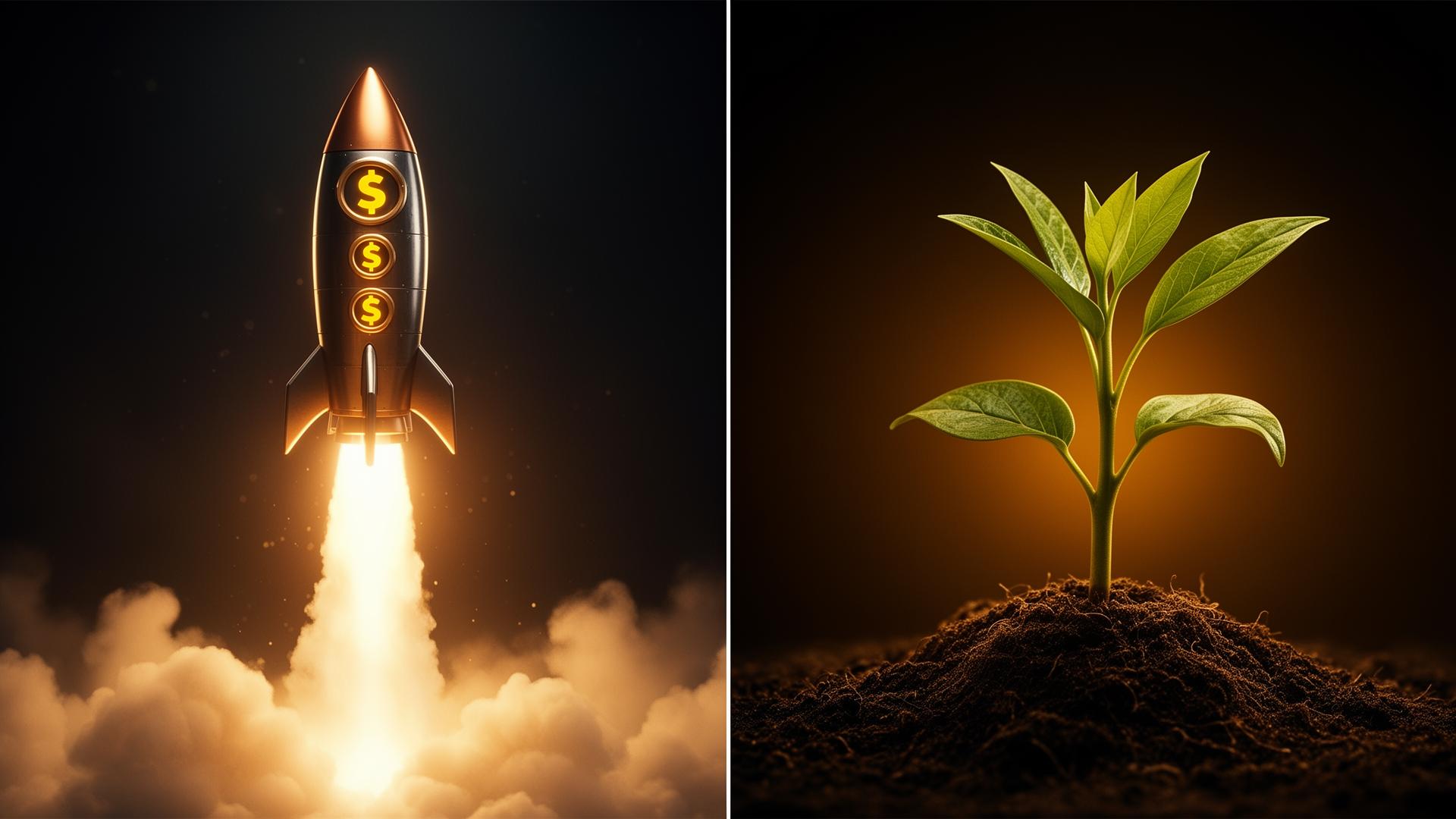 Split image of a launching rocket and a growing plant representing paid ads versus organic growth
