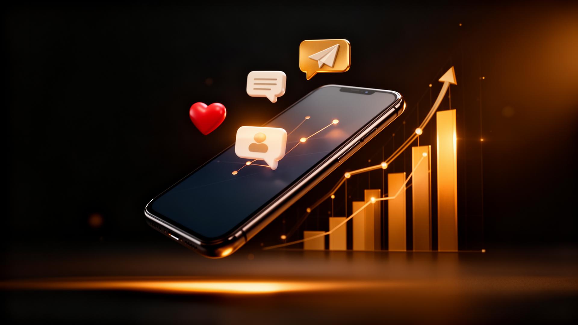 Smartphone with social engagement icons and rising analytics graph for social media ROI
