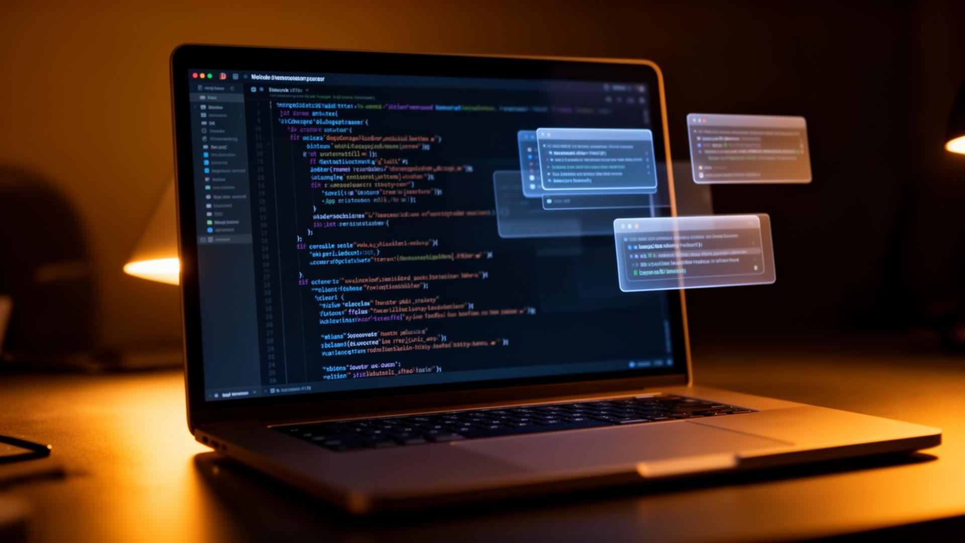 Modern laptop displaying code with floating UI components for web development trends